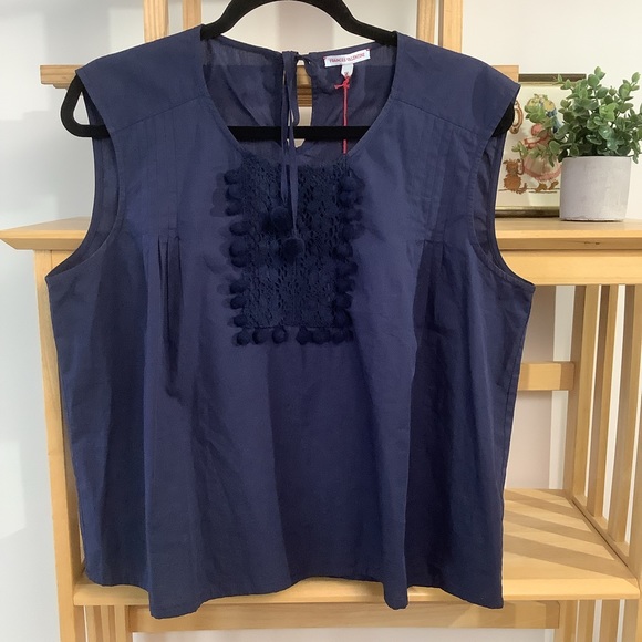 FRANCES VALENTINE KATE SPADE 1X Navy Pom Pom Lace top - Picture 1 of 8
